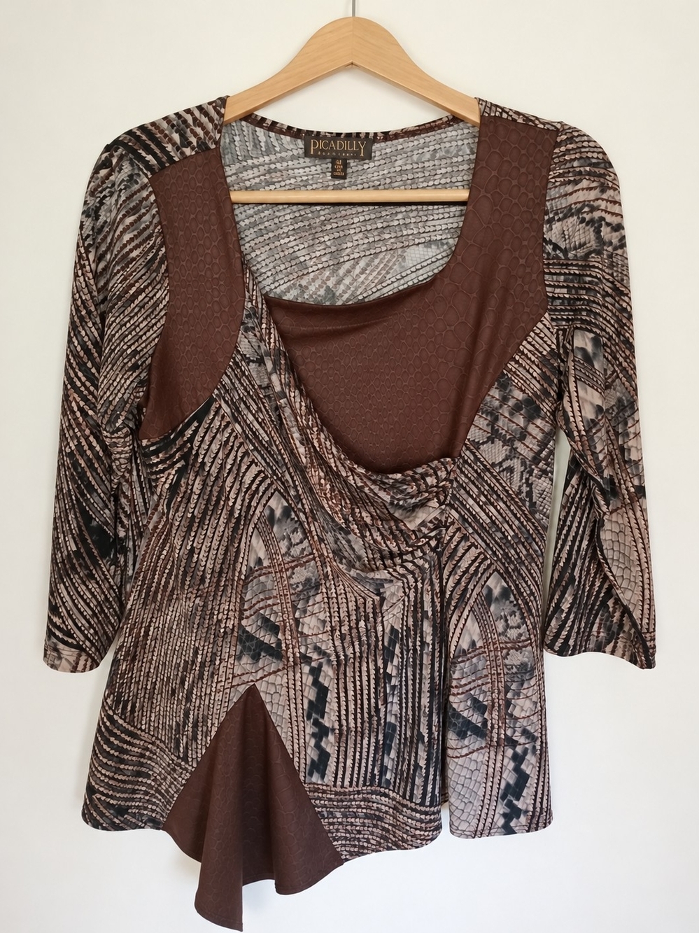 Picadilly Fashions Brown Abstract Print Draped Asymmetrical Top M